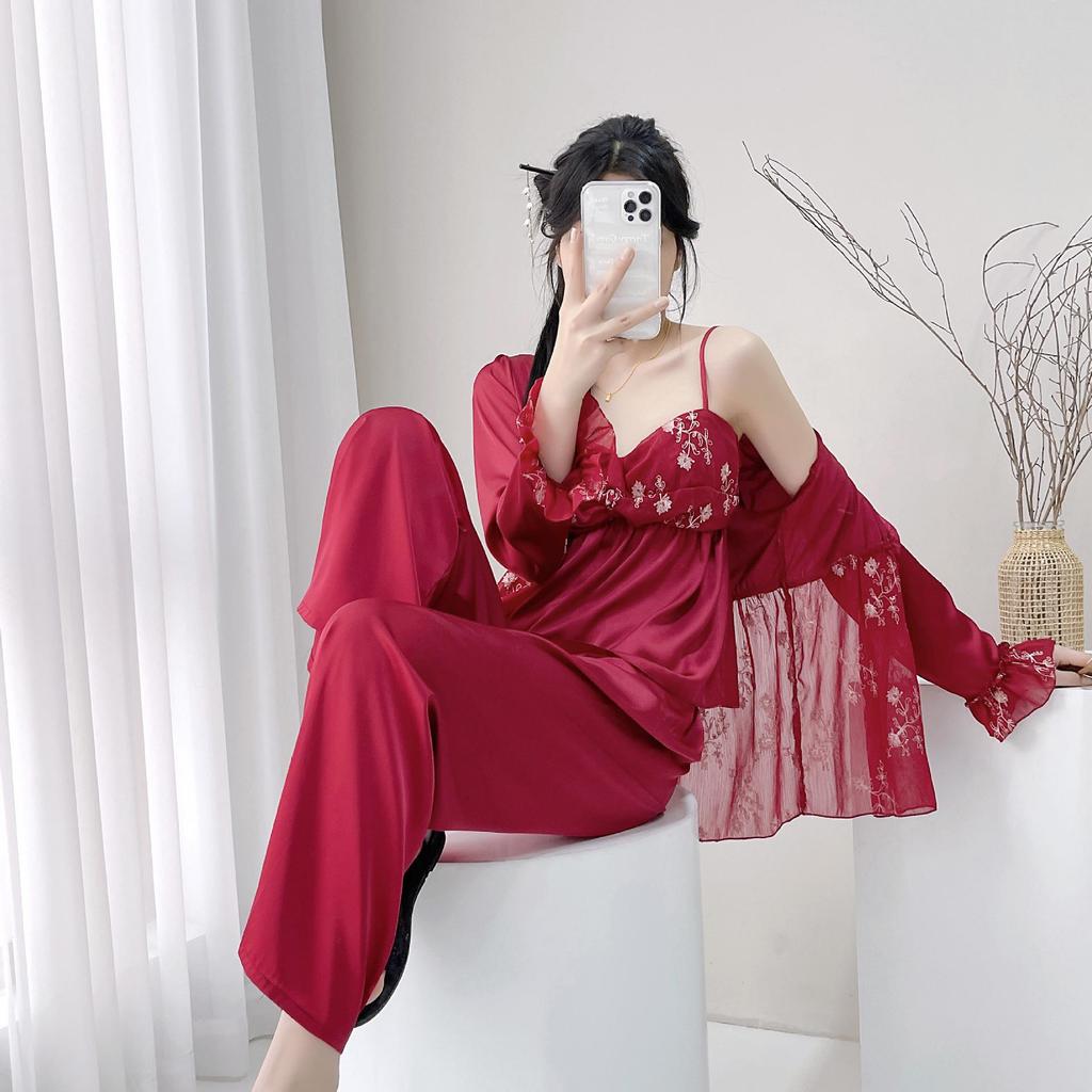 2025 Damen Spitzen Eisseiden Pyjama Dreiteiliges Set - Prinzessinnenstil Langarm & Hose für Zuhause oder Outdoor