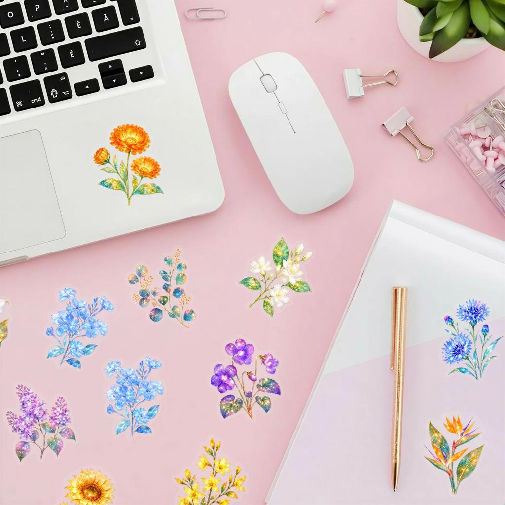 50Pcs/Set Dazzling Flowers PET Stickers Waterproof DIY Fashion Decals Journal Stickers