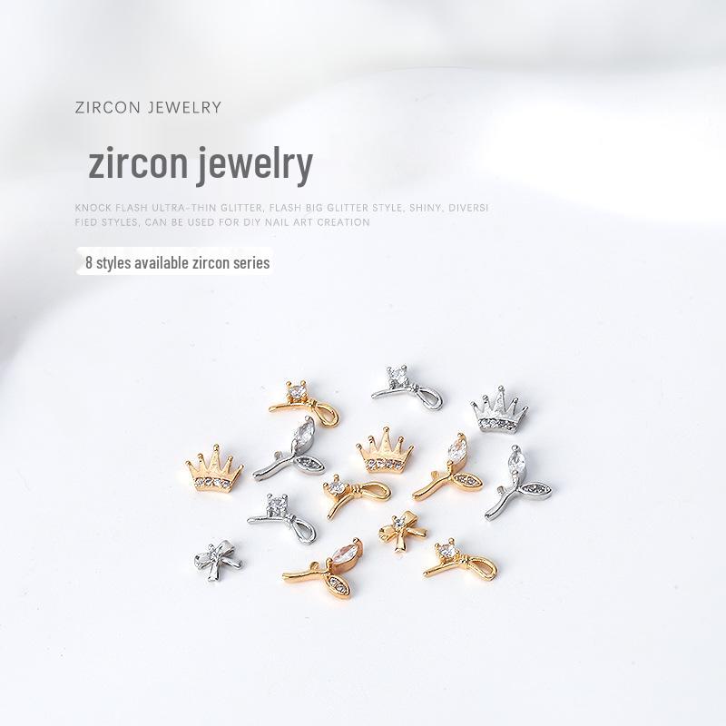 

Zircon Nail Art: Gold & Silver Crown, Bow, Leaf Jewelry Decoration