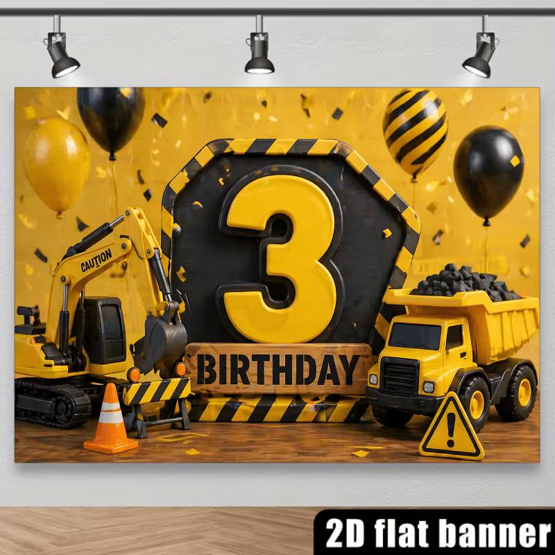 Sfondo 2D Escavatore Camion Ribaltabile 3° Compleanno, Tessuto per Sfondo Fotografico Tema Costruzioni