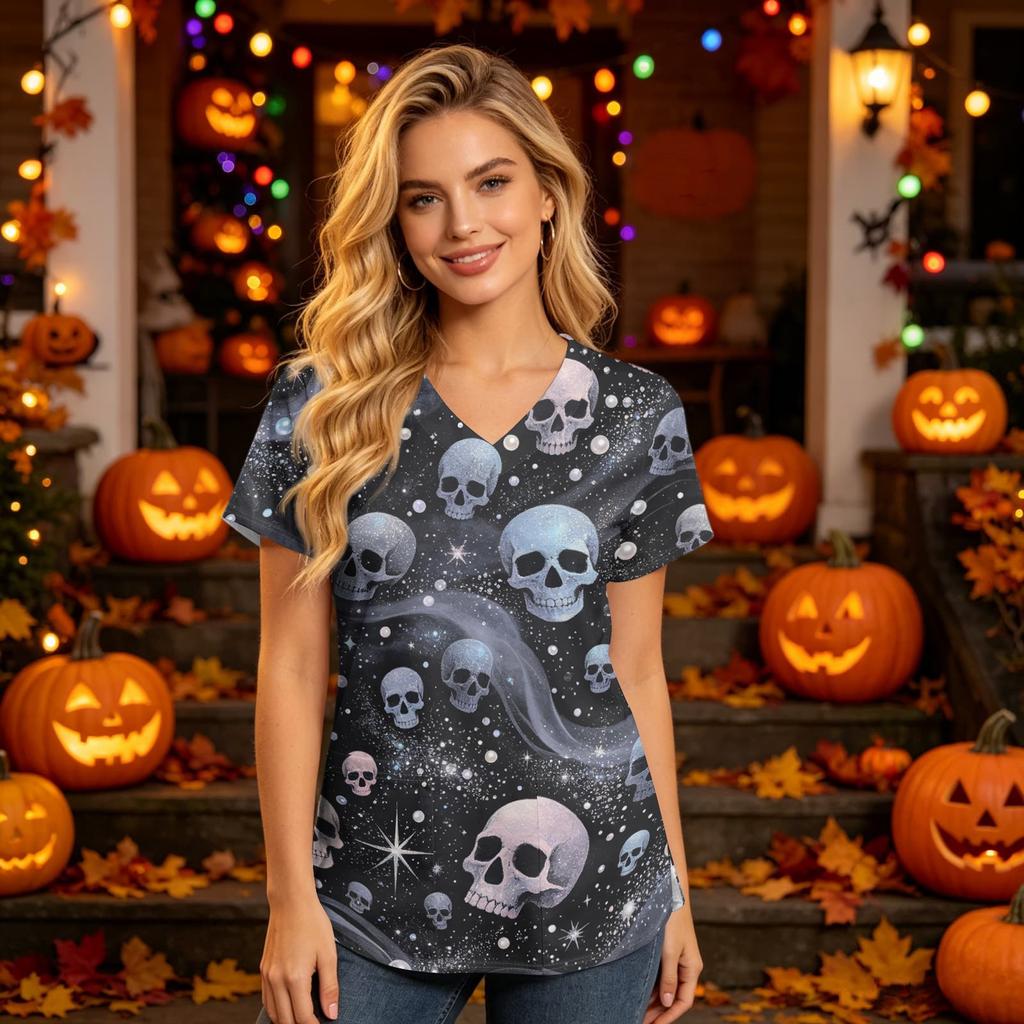 Women's V-Neck Short Sleeve Scrub Top with Pockets Halloween Print for Nurses and Caregivers