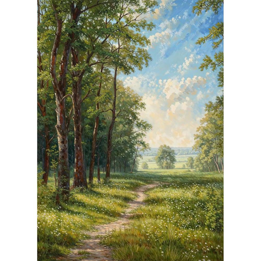 Cabana na Montanha Vista do Vale Caminho de Outono Prado de Verão Floresta de Árvores Nuvem Pôster Pintura em Tela Impressão para Sala de Estar Decoração de Casa