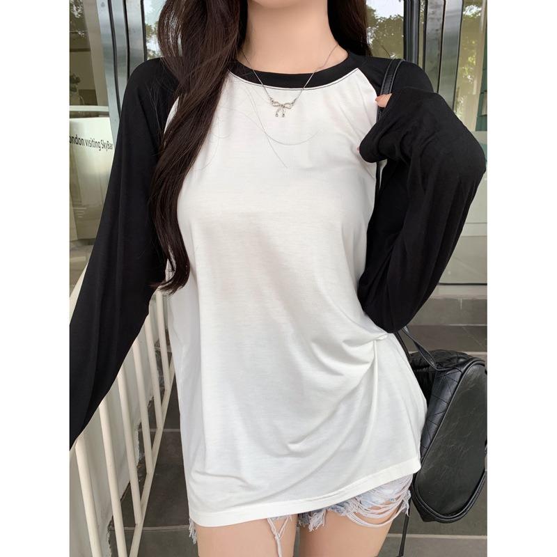 Real shot contrasting color splicing shoulder plugs long-sleeved T-shirt women's autumn loose and thin pure cotton top