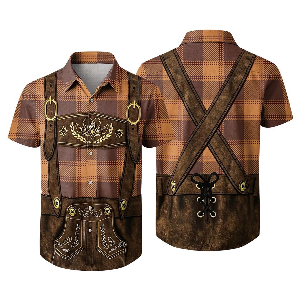 Men’s Short Sleeve Button Down Shirt with Vintage Festival Print Relaxed Fit Casual Party and Everyday Wear Top