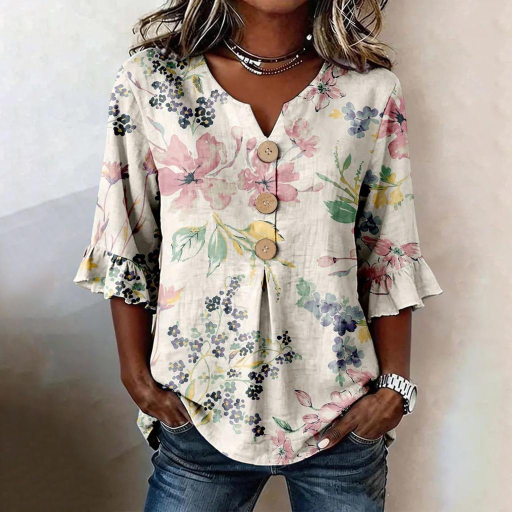 Womens V Neck Floral Print Button Front Loose Fit Top with Ruffle Sleeve Casual Blouse for Everyday Wear