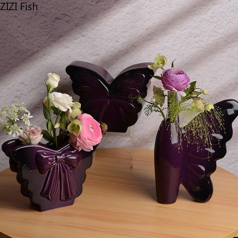 Kreative Dunkle Schmetterling Keramikvase Pflanzgefäße Tischdekoration Ornamente Blumenarrangement Blumenvase Raum Ästhetische Deko