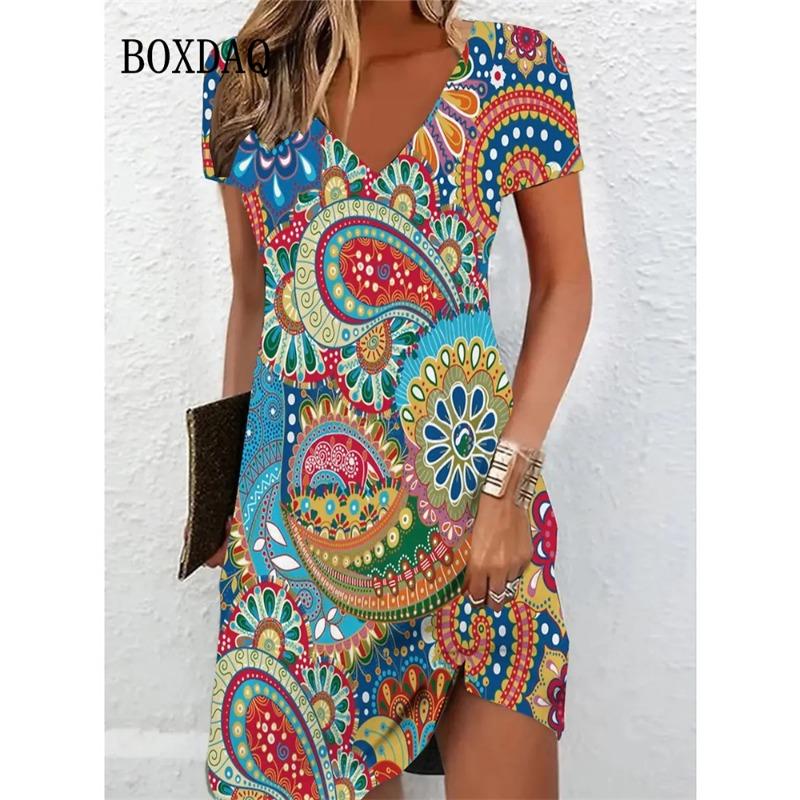 Vintage Women Midi Dresses For Ethnic Style Floral Print Loose Dress Plus Size Casual Short Sleeve Pullover V-Neck Dress