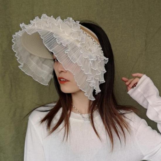 Женская Соломенная Шляпа Многослойная Сетчатая Оборка Широкополая Кепка Бусины Декор Элегантные Шляпы Летние