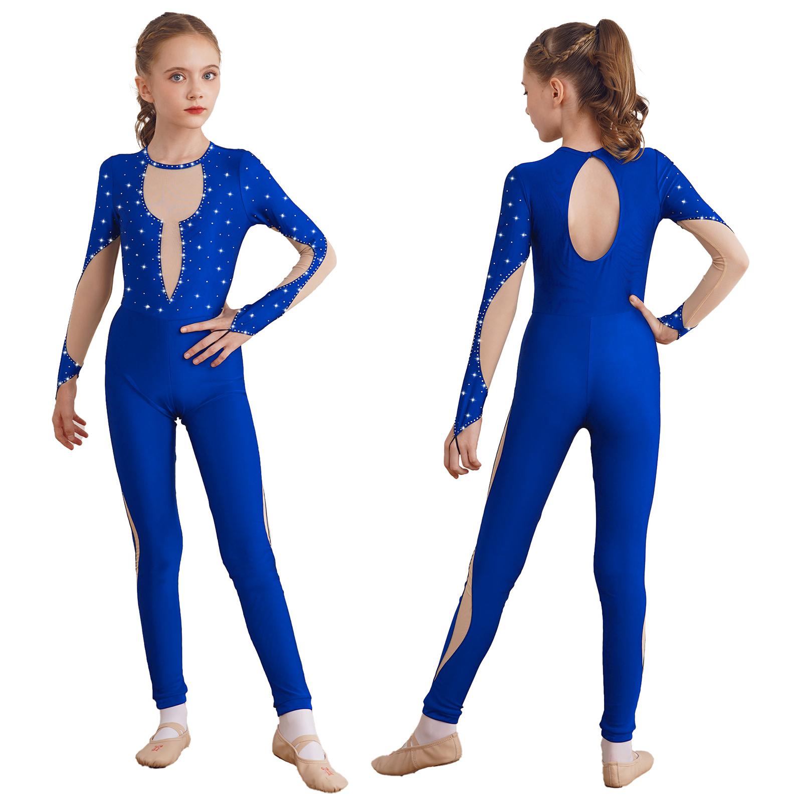 RUNQHUI Kinderen meisjes glanzende gymnastiek unitard bodysuit lange mouw terug sleutelgat mesh patchwork schaatsen jumpsuit 5-6 Years koningsblauwe kleur