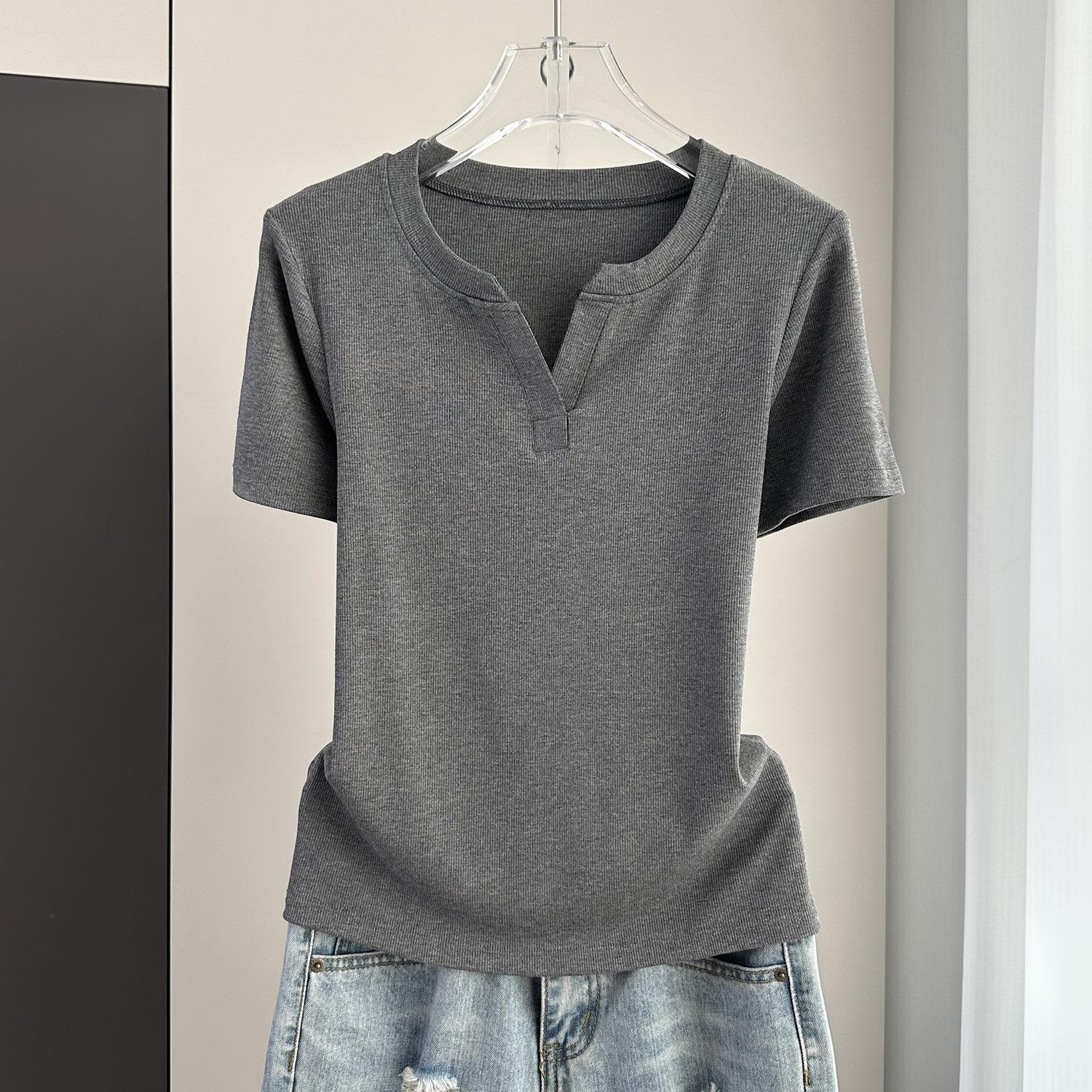 

V-Neck Standard Shoulder Short Sleeve Tee Summer Ribbed Slim Fit Casual Top Versatile Breathable Soft Material Flattering Slim Women Top 2XL