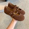2025 new autumn and winter suede rivets one word with round head flat bottom women commuting work late evening Doudou pregnant women single shoes