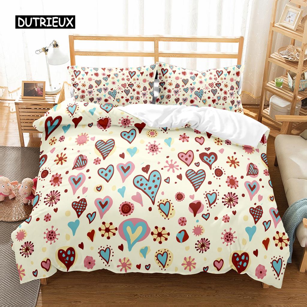 Love Heart Duvet Cover Set Single King Romantic Theme Bedding Set Rose Floral Comforter Cover For Valentine's Day Wedding Decor