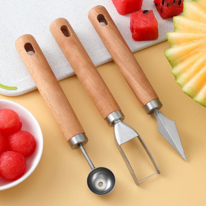Taglia anguria Lama in acciaio inossidabile Manico in legno Multifunzionale Affetta frutta Utensile da cucina per la casa Taglio a cubetti di melone