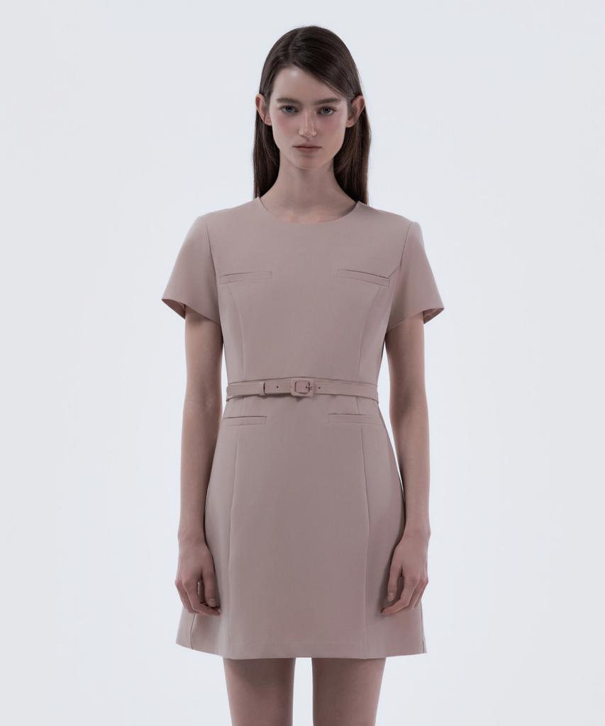 Mausolleum Belted Round Neck Suit Dress - Pink
