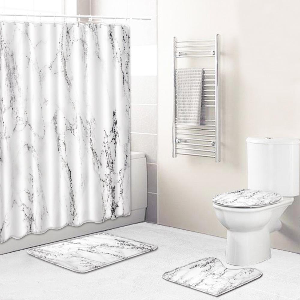 Marble Texture Printing Bathroom Non-Slip Floor Mat Shower Curtain Combination Carpet European And American Style