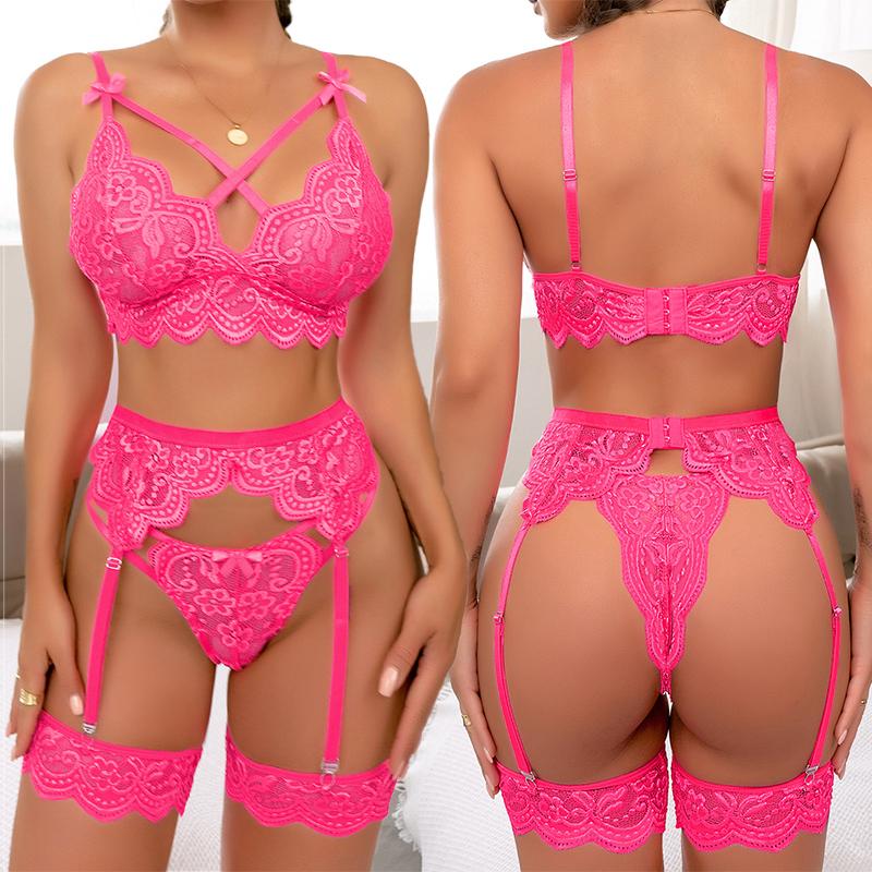 Sexy 3-Pieces Women Pajamas Set Deep V-Neck Tops And Shorts Garters Pajama Suit Ladies Sling Nightwear Sexy Lingerie Babydoll