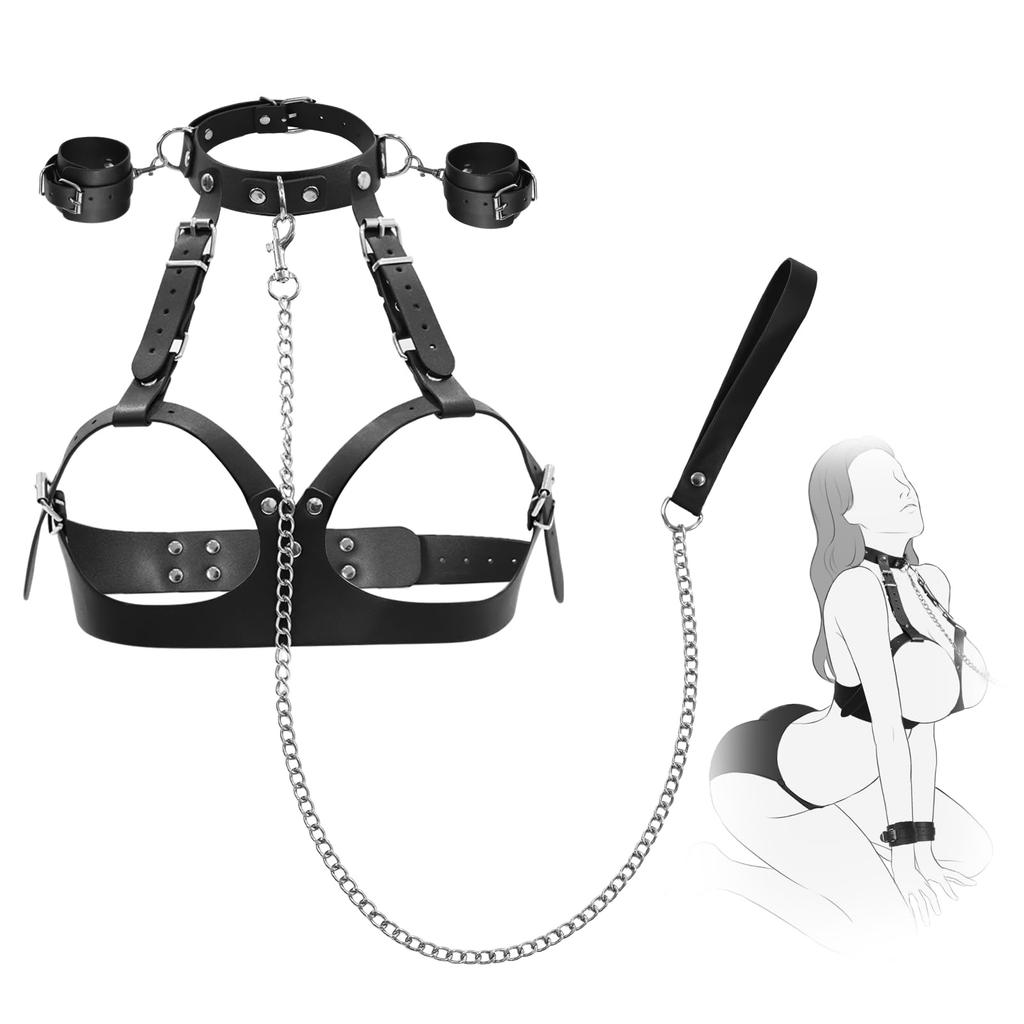 Sex Bondage Kit Sexy Breast Restraints Leather Harness Collars with Traction Chain Handcuffs Bondage Sex Toys For Adult SM Game