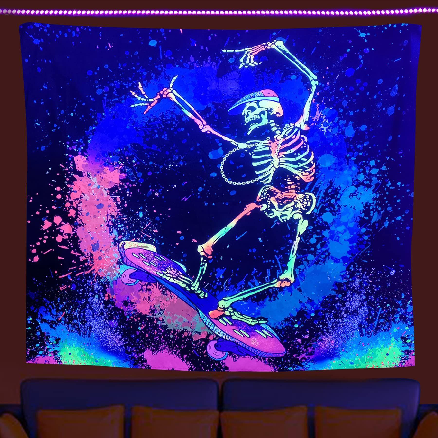 

1pc Colorful Tapestry Skeleton Skull Mermaid Moon Print Fluorescent Oversized Tapestry for Birthiday Gift Home Party Wall Decor 90CMx90CM