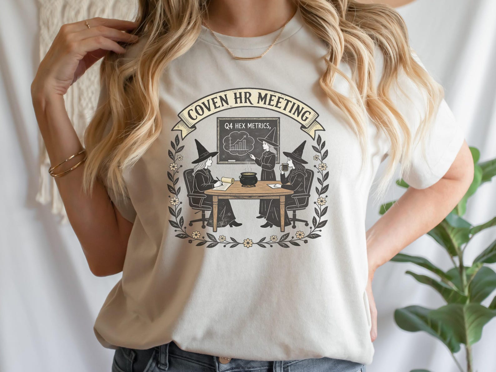 Coven HR Meeting Witches and Cauldron Graphic T-Shirt | Witchy Corporate Dry Humor Shirt S