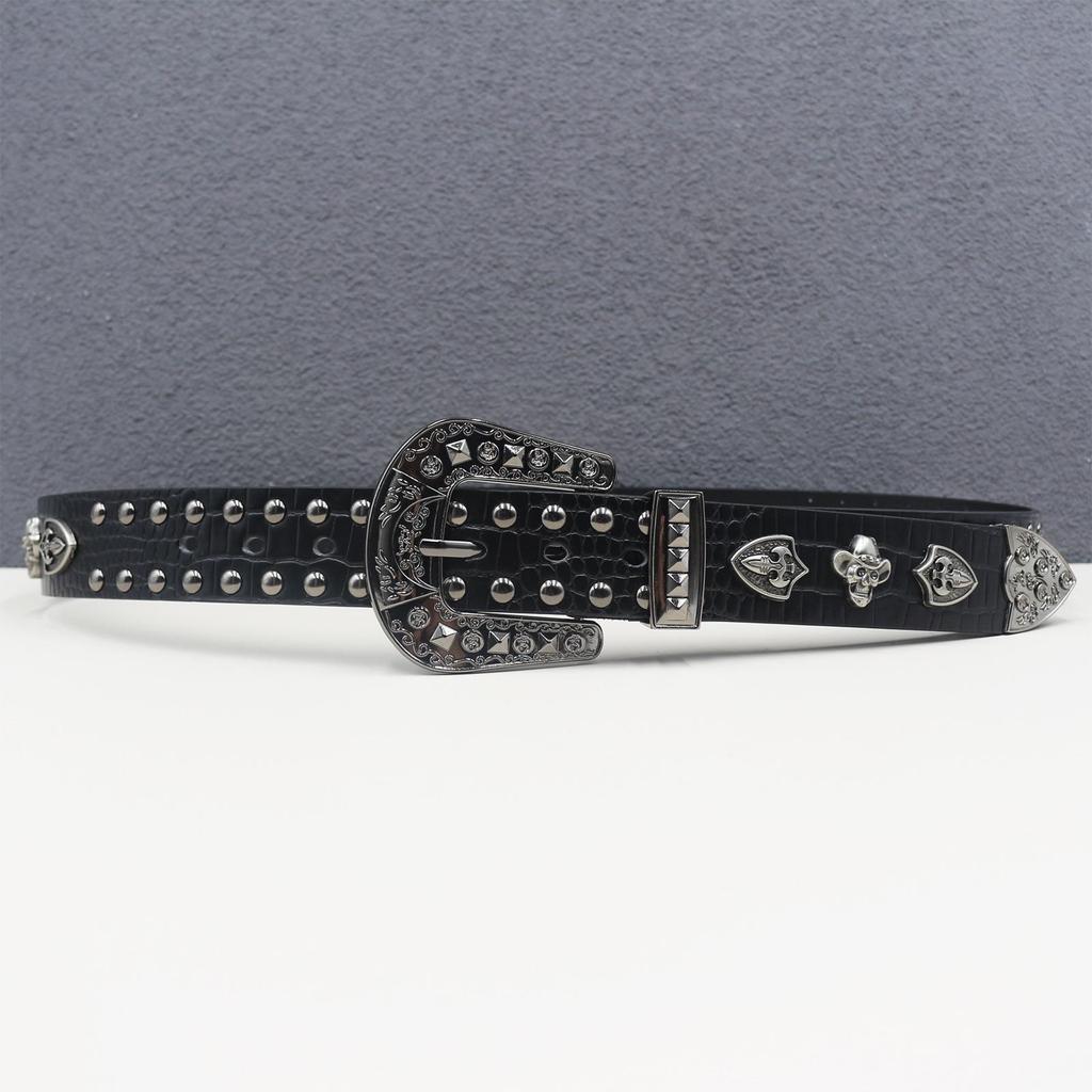 Crocodile Pattern Western Rivet Skull Leather Belt – Unisex Punk Y2K Style