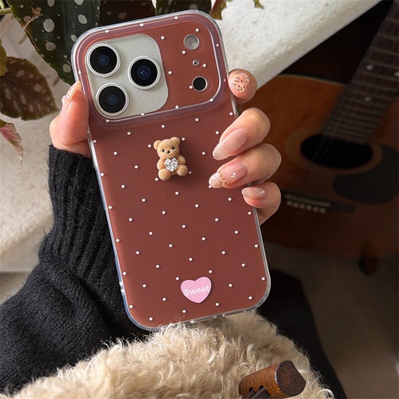3D Flocking Polka Dot Bear Case for iPhone 17/16 Pro Max/15/14