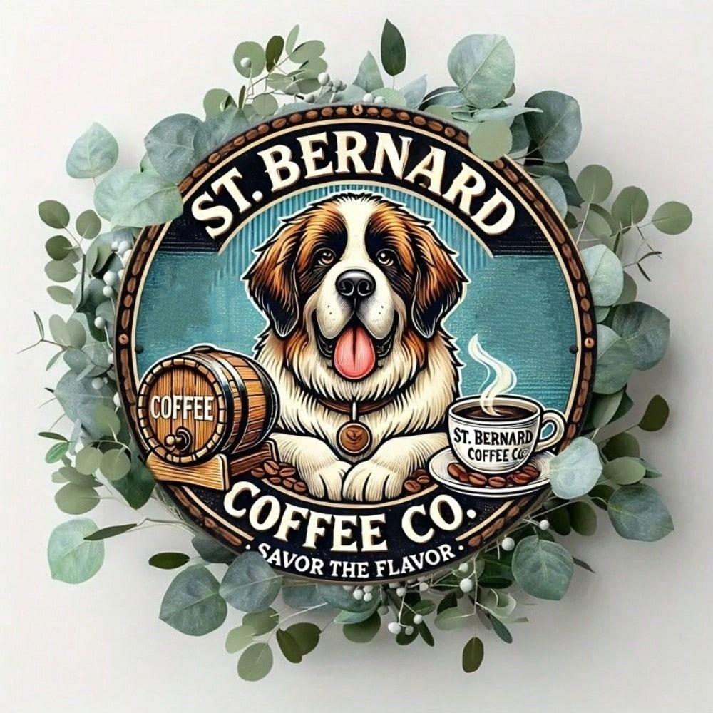 Vintage Metal Poster Saint Bernard Coffee 20x20 cm Wall Art Kitchen Decor