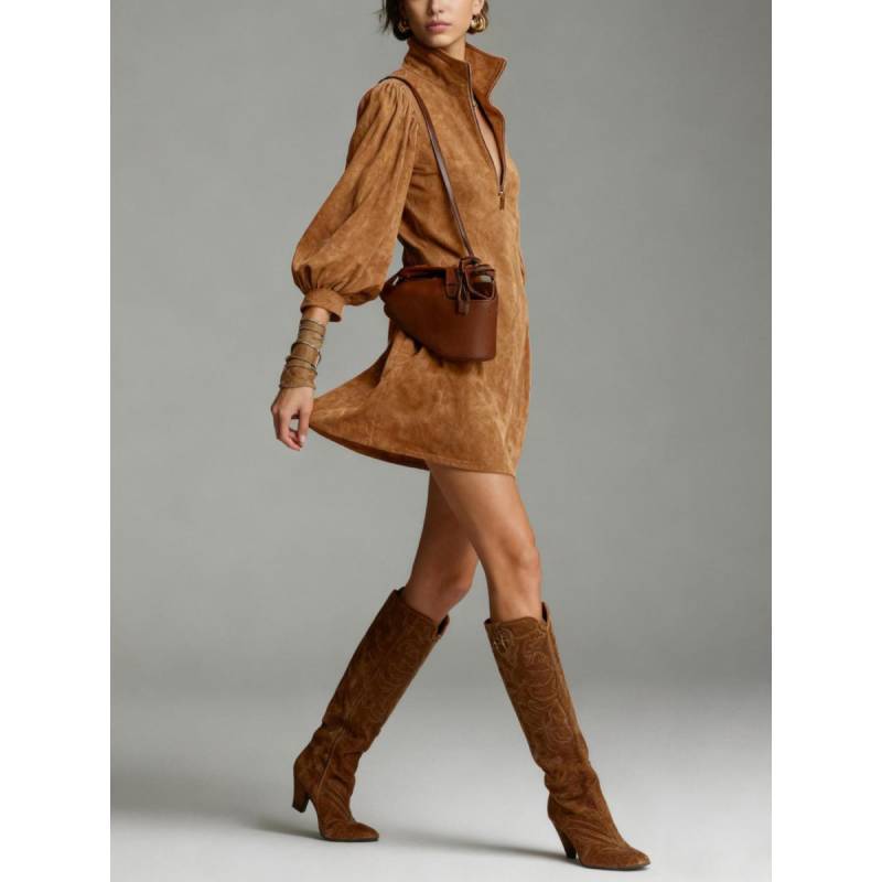 Elegant Pure Color Long Sleeve Dress With Zipper Collar For Office And Casual Wear