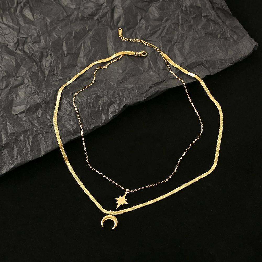 316L Stainless Steel New Fashion Upscale  2 Layer Crescent Moon Star Charms Chain Choker Necklaces & Pendants For Women