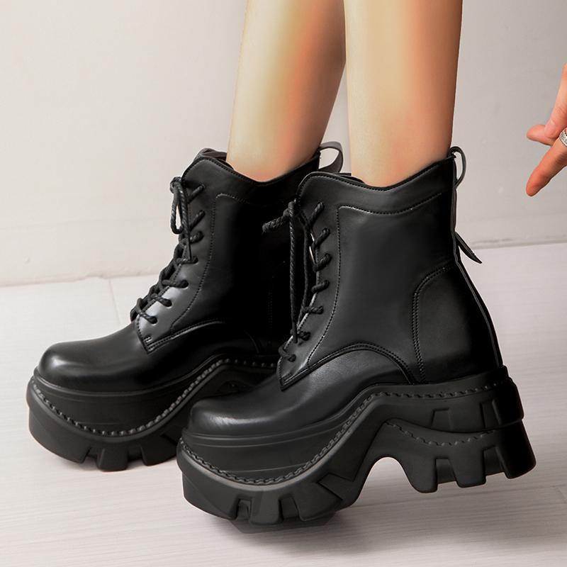 Fashion Women's Chunky Platform Combat Boots Lace Up Gothic Punk High Heel Ankle Boots Women Plus Size 42 Fashion Black Motorcycle Shoes