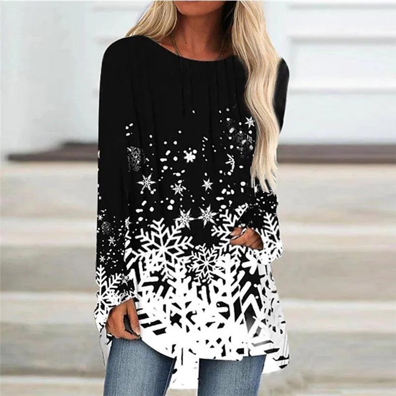 Plus Size Women Spring Christmas Printed Comfy Long Sleeve Round Collar T-shirt Casual Baggy Mid Length Tee Tops