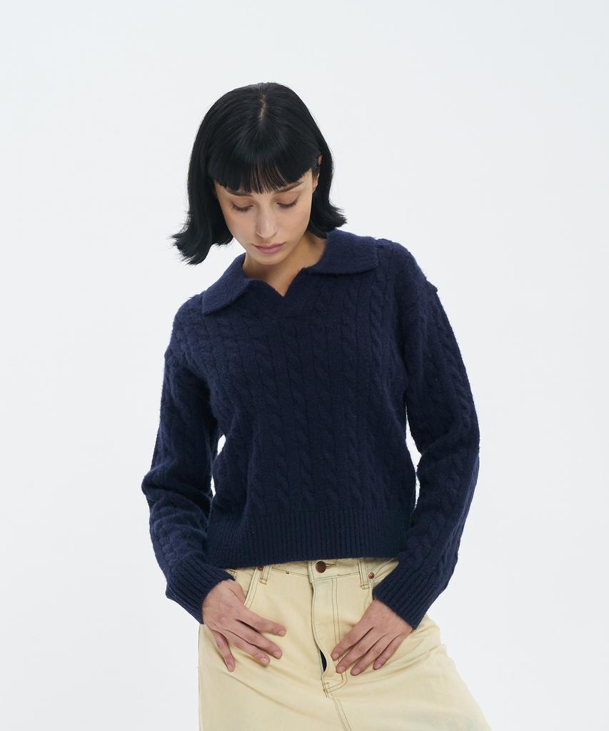 BLOND9 Cable Open Collar Knit_Navy