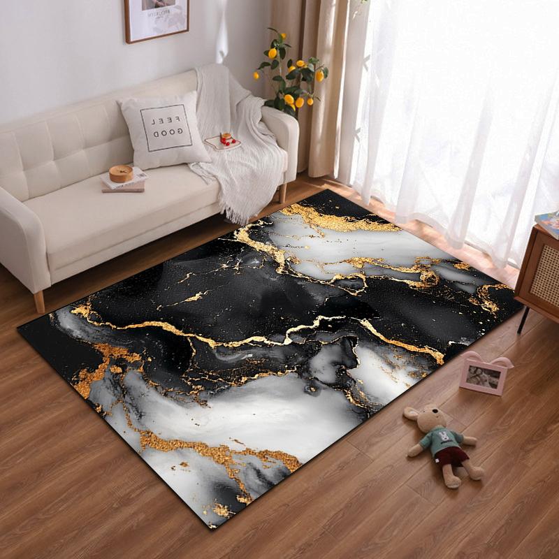 Black and Gold Marble Abstract Design Rug Non-slip rug suitable for living room and bedroom sofas.