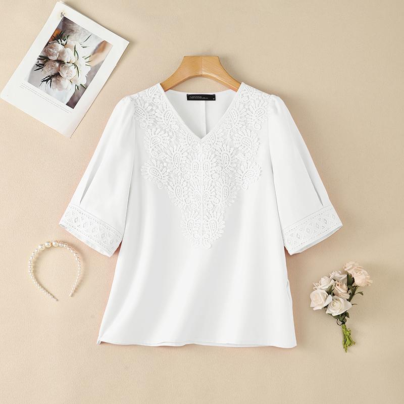 ZANZEA Women Lace Patchwork V-Neck Casual Short Sleeve Blouse M