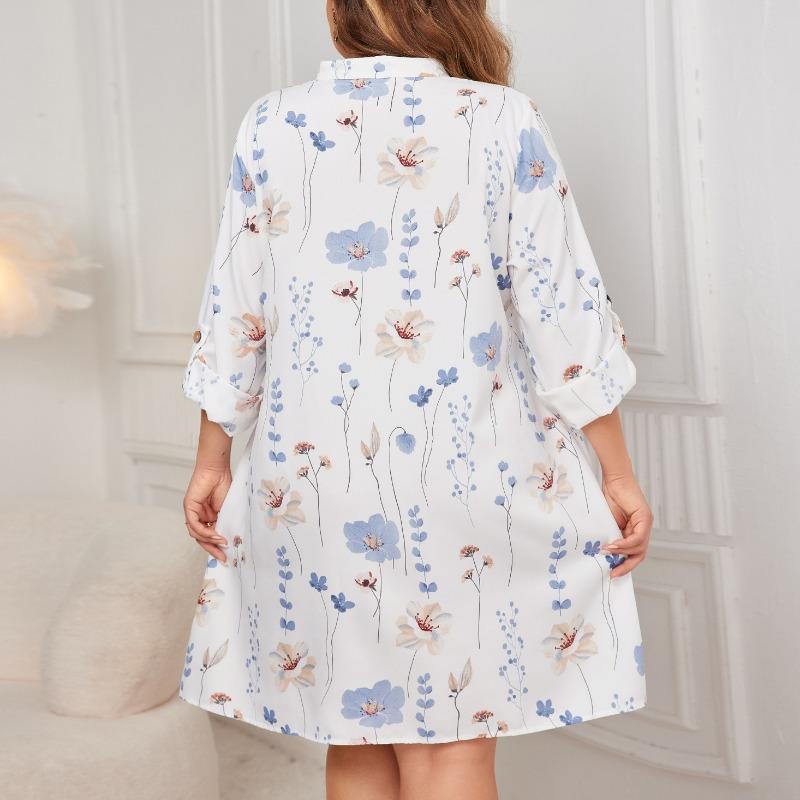 White Printed Loose Plus Size Midi Dress For Women