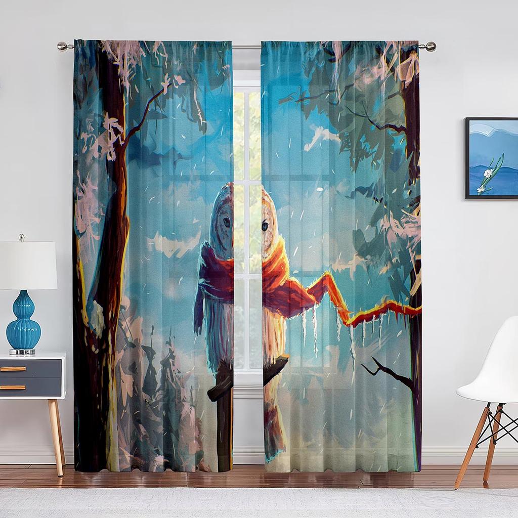 Cartoon Bunte Eulen Sitzen auf Ast Tüll Transparente Fenstervorhänge für Wohnzimmer Schlafzimmer Modern Tüll Voile Vorhänge Dekor