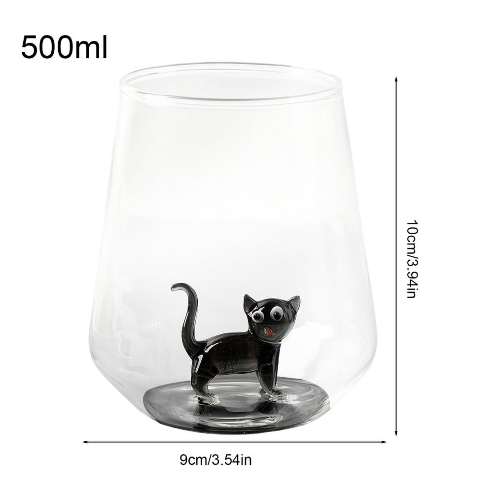 Adorable Cat Glass Coffee Mug 3D Cat-Shaped Handleless Wine Glass Teacup Glass Mugs Carton Animal Milk Glass Breakfast Milk Cup 500ml