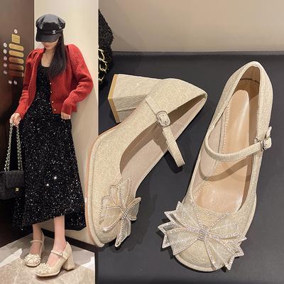 Mode 2025 Neue vielseitige Damenschuhe mit einfachem Komfort, runder Spitze und dicken Absätzen Schuhe Schleife Mode Damen High Heels