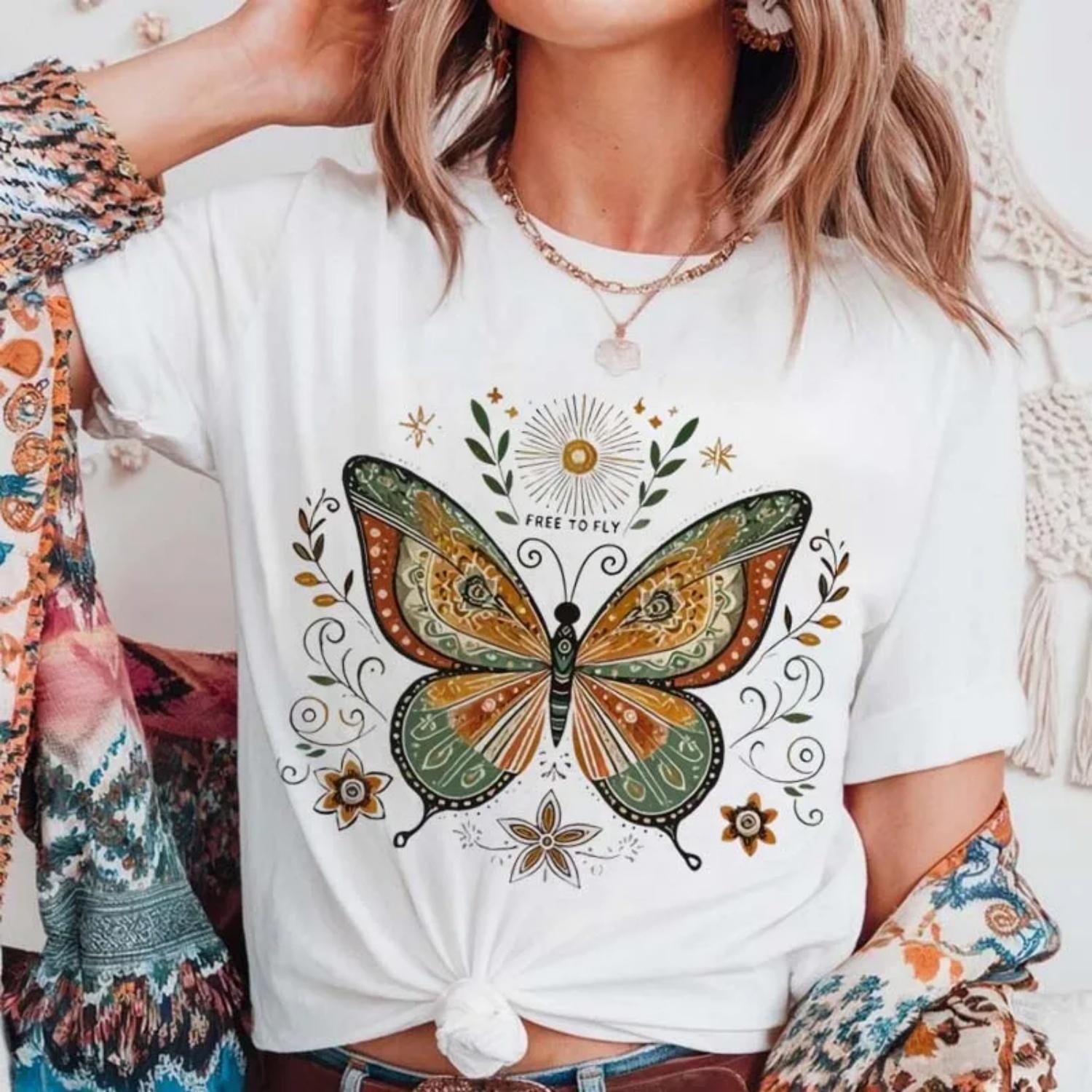 Butterfly Floral Printed Women s T-Shirt Short Sleeved Basic Top Cute Style Summer Fashion Women s Apparel Trendy Printed Tee S