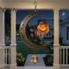 Spooky Yard Decoration Black Cat Moon Wind Chime, Gothic On Crescent Bell Holiday Gift for Home with Pumpkin Lantern, Halloween Hanging Ornament Porch