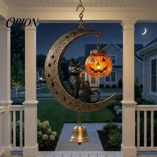 Spooky Yard Decoration Black Cat Moon Wind Chime, Gothic On Crescent Bell Holiday Gift for Home with Pumpkin Lantern, Halloween Hanging Ornament Porch