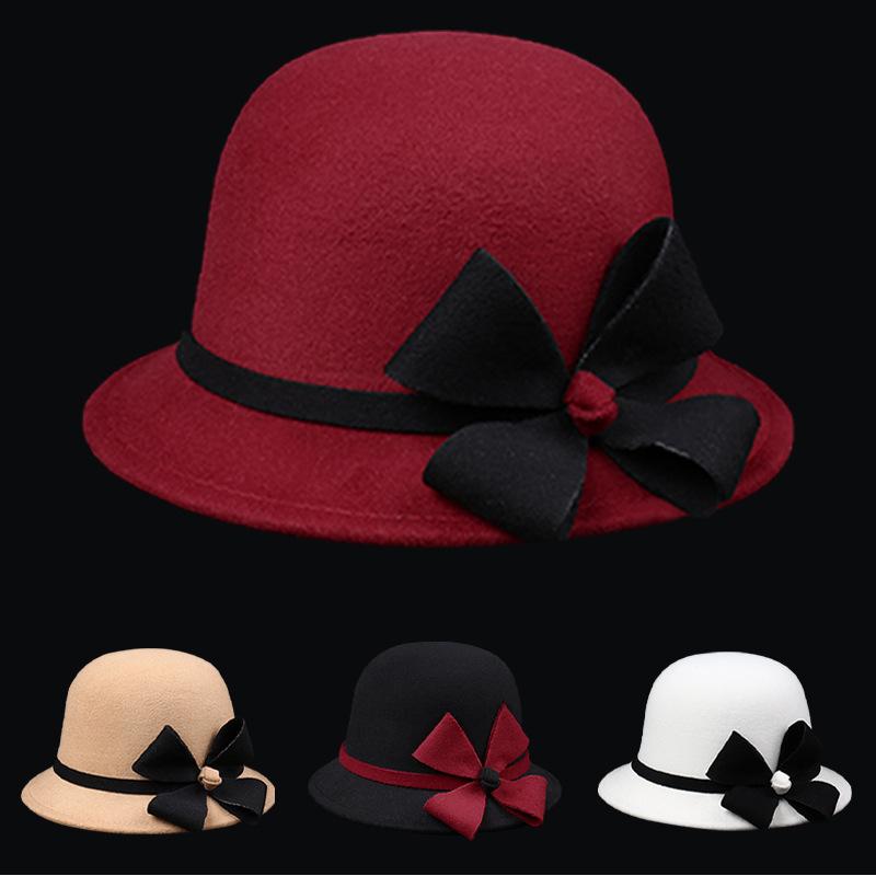 Herbst und Winter Wolle Blumentopfhut Französischer Filz Damen Outdoor Warmer Winddichter Zylinder Hut Wolliger Hut mit breiter Krempe