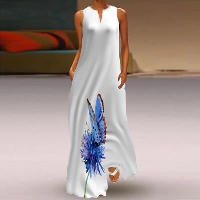 Robe trapèze Maxi longue sans manches pour femme, imprimé pissenlit bleu, col en v, automne/hiver, Style élégant et rétro