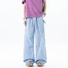 Unisex Drawstring Wide Leg Cargo Pants Solid Color Casual Loose Fit Trousers