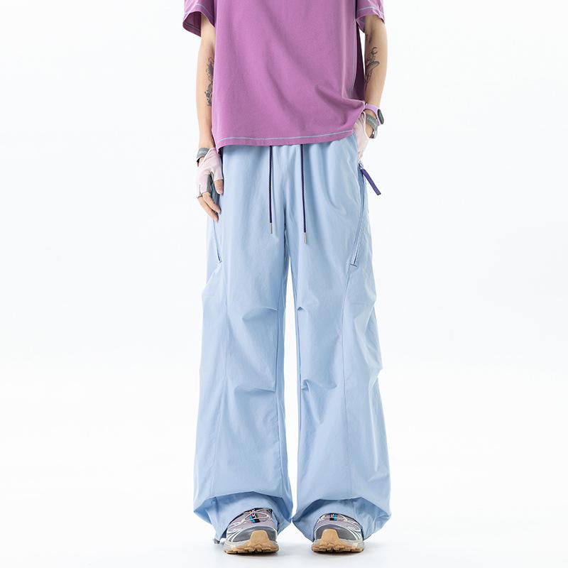 Unisex Drawstring Wide Leg Cargo Pants Solid Color Casual Loose Fit Trousers