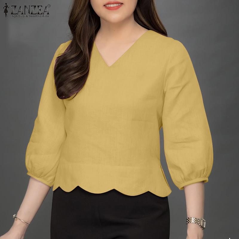 ZANZEA Women Casual V-Neck Solid Color Loose 3/4 Sleeve Blouse