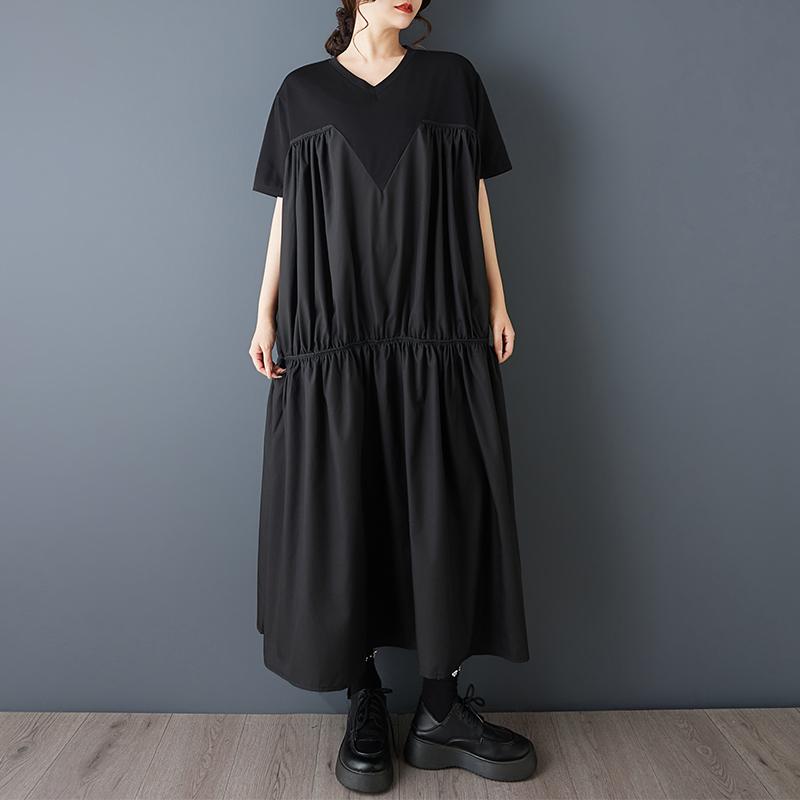 DIMANAF 2026 New Spring Summer  Plus Size Women Black Dress Fashion Lady Loose Casual Long Dress Solid Pleated Skirt