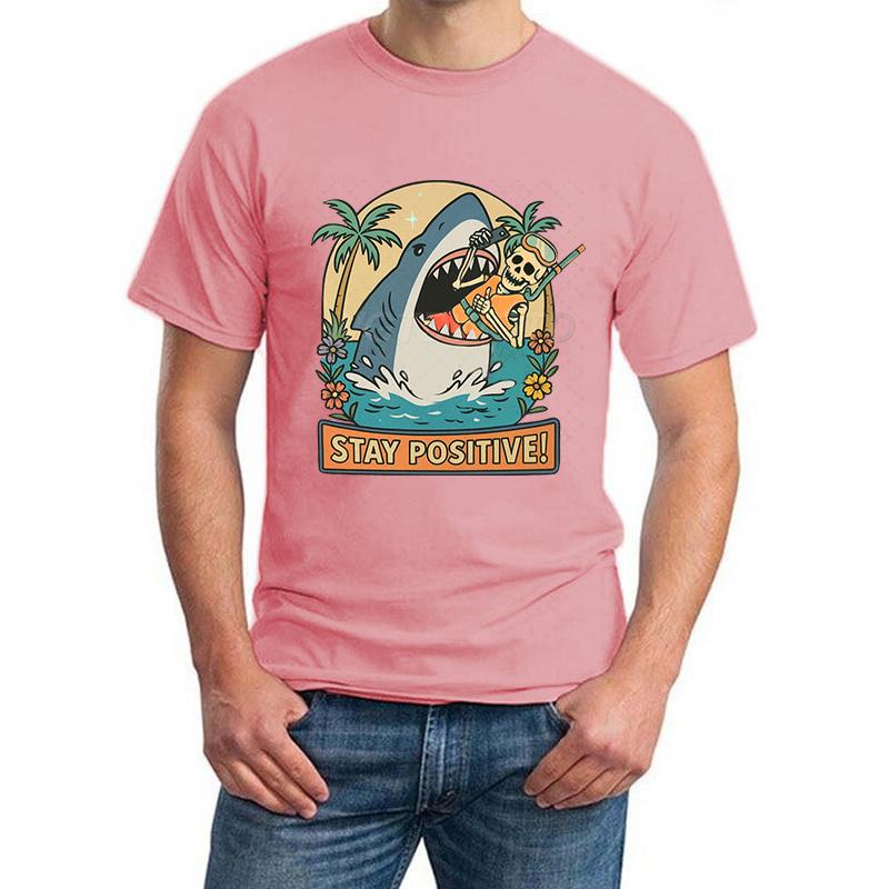 Stay Positive Shark Skeleton Funny T Shirts for Men New Design Fashion Summer Tops Positive Vibes Funny Skeleton T-shirt Women