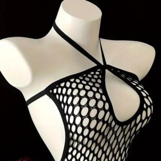Women Jumpsuit Halter Neck Hollow Out Fishnet Backless Sleeveless Slim Fit Nightwear Open Crotch See-through Seductive Bodysuit for Bedroom Honeymoon