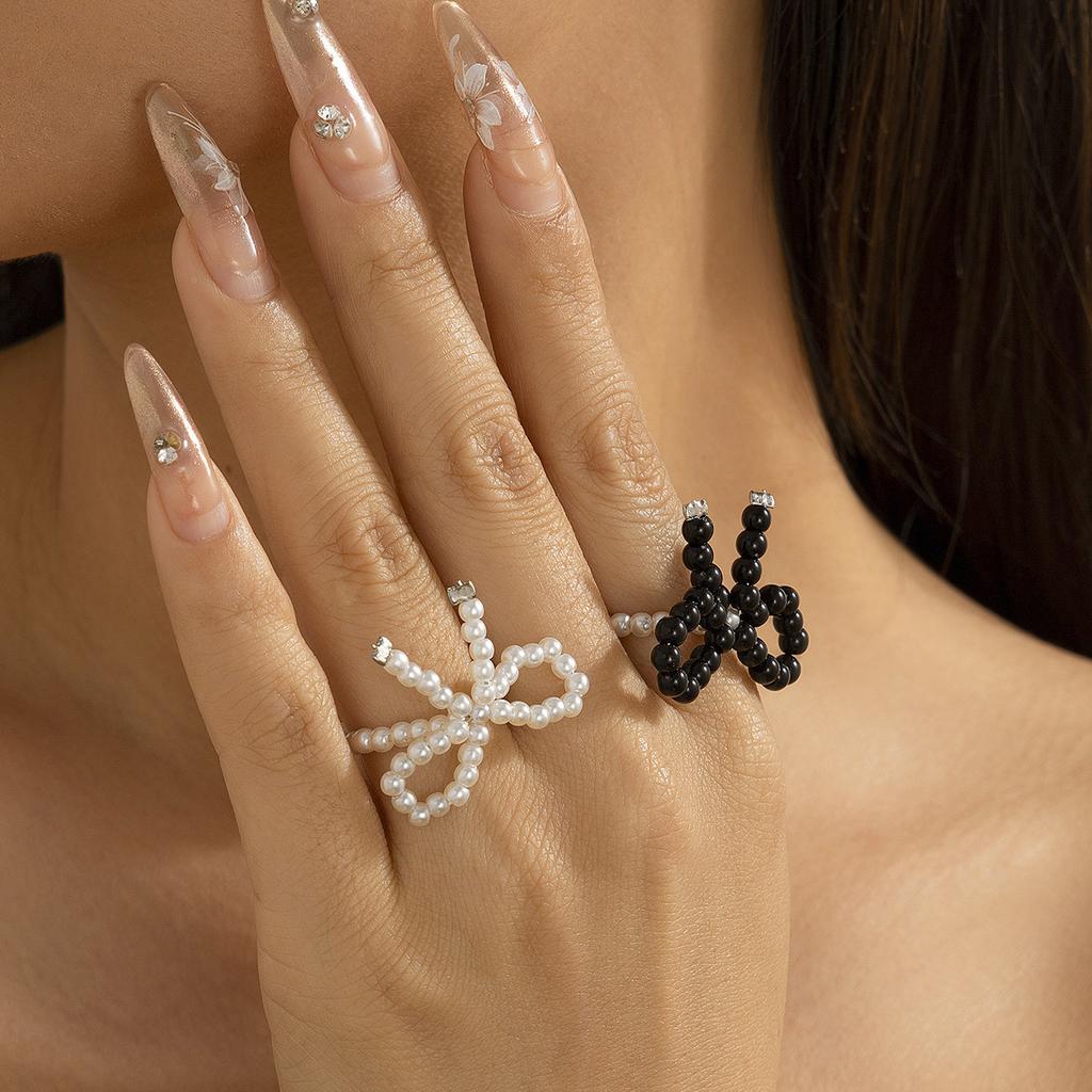 Sweet Cool Wind Metal Ribbon Bow Ring Temperament Pearl Open Ring Bow Rings