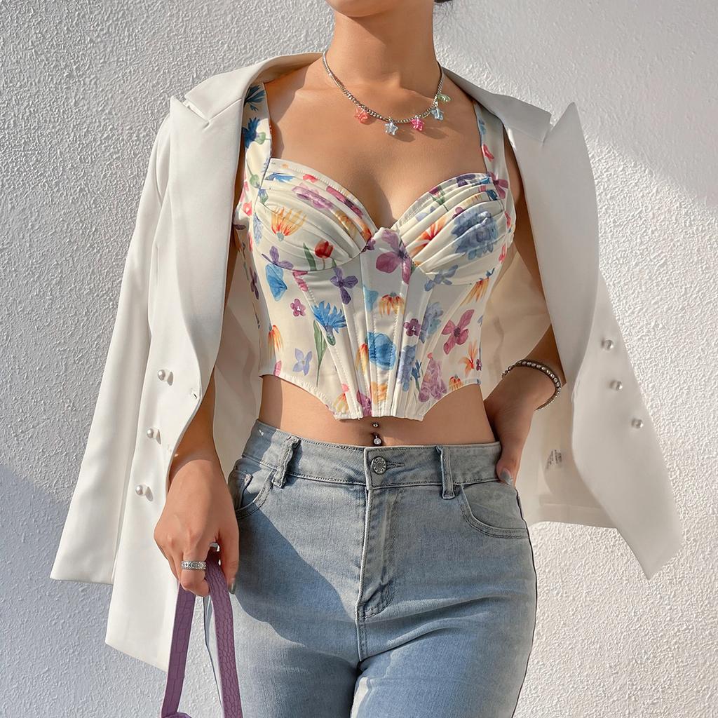 Women Floral Print Camisole Summer Fashion Streetwear Bohemian Bodycon Cropped Tops Retro Designer Irregular Tank Tops